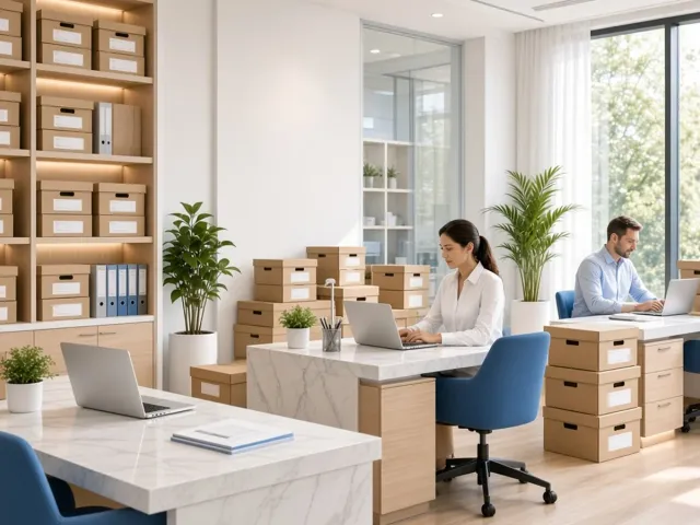 Two office staff working on laptops in a bright, plant-filled office lined with neatly boxed records