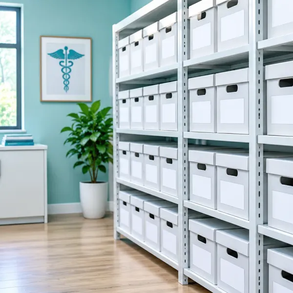 A tidy, sunlit records room with rows of white archive boxes on white shelves